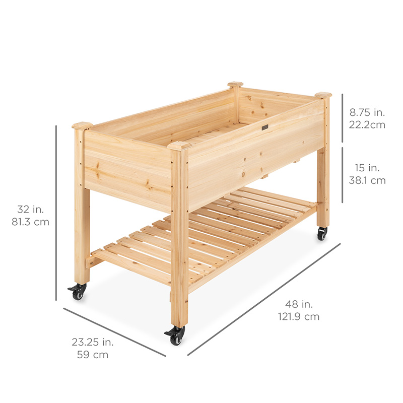 Erhöhtes Gartenbeet 48 x 24 x 32 Zoll, mobiler erhöhter Holzpflanzer mit feststellbaren Rädern, Ablagefach, Einlage