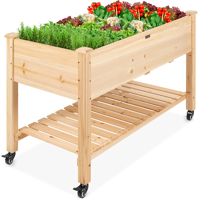 Erhöhtes Gartenbeet 48 x 24 x 32 Zoll, mobiler erhöhter Holzpflanzer mit feststellbaren Rädern, Ablagefach, Einlage