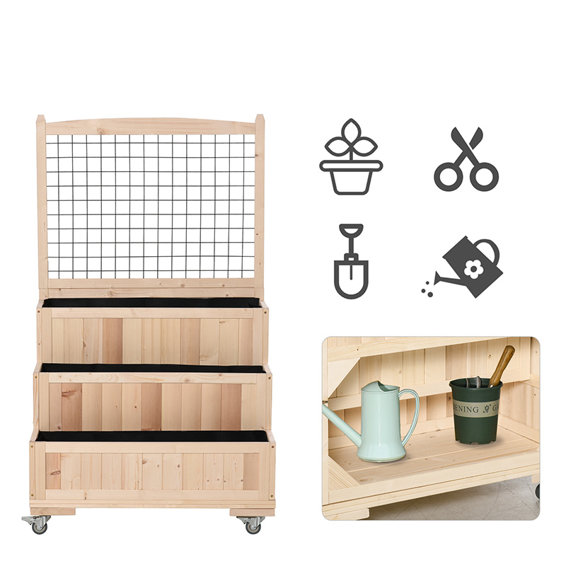 3-stöckiges Hochbeet aus Holz mit Rädern, Spalier, Stauraum auf der Rückseite, leicht beweglich für Blumen, Kräuter, natürlich