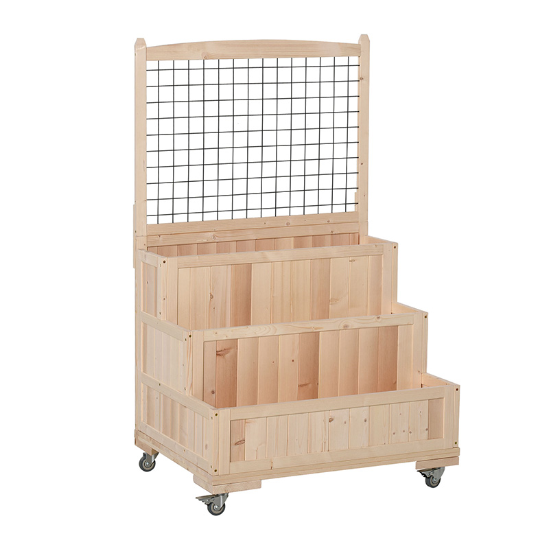 3-stöckiges Hochbeet aus Holz mit Rädern, Spalier, Stauraum auf der Rückseite, leicht beweglich für Blumen, Kräuter, natürlich