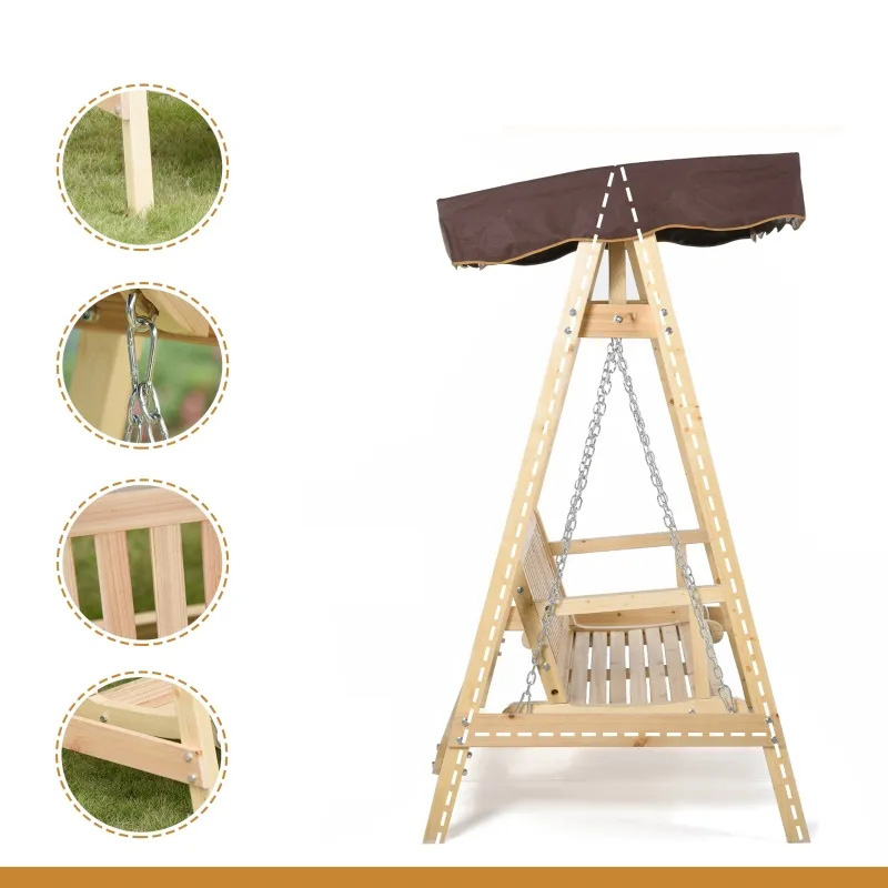 2-Personen-Außenschaukel Verandaschaukel mit Holzständer, starkem A-Rahmen-Design und verstellbarem Wasserkampf-Baldachin