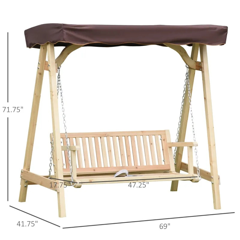 2-Personen-Außenschaukel Verandaschaukel mit Holzständer, starkem A-Rahmen-Design und verstellbarem Wasserkampf-Baldachin