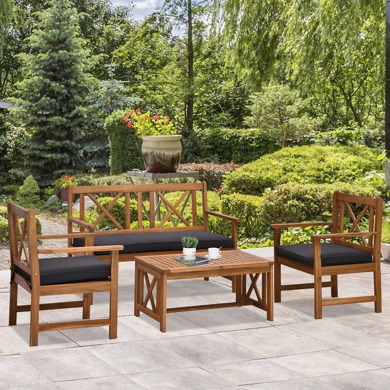 4-teiliges Gartenmöbel-Set aus Akazienholz mit 2 Sesseln, 1 Sofa und 1 Couchtisch, inklusive Kissen