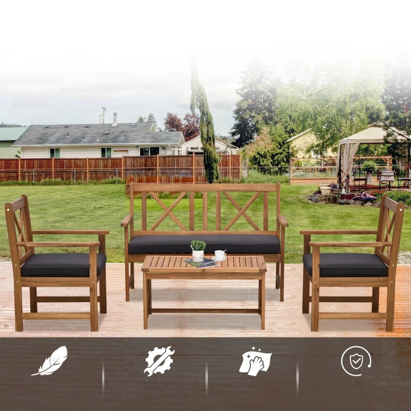 4-teiliges Gartenmöbel-Set aus Akazienholz mit 2 Sesseln, 1 Sofa und 1 Couchtisch, inklusive Kissen