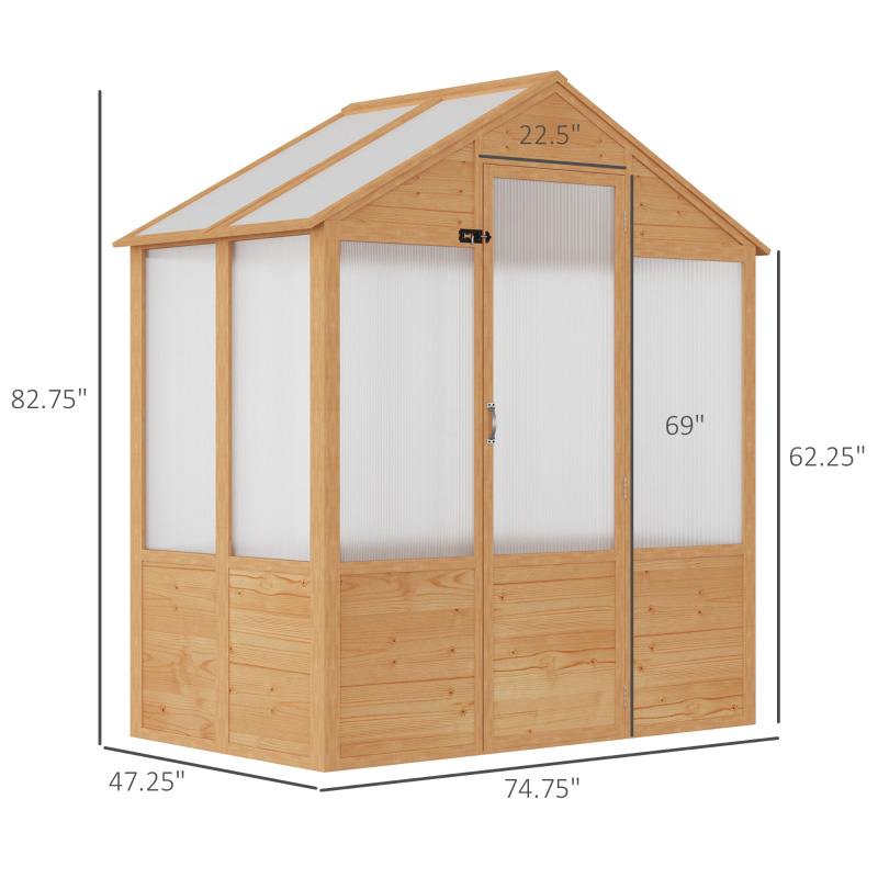 6 'x 4' x 7' Gewächshaus aus Holz, begehbares Gewächshaus, Outdoor-Gewächshaus aus Polycarbonat mit Tür, natur