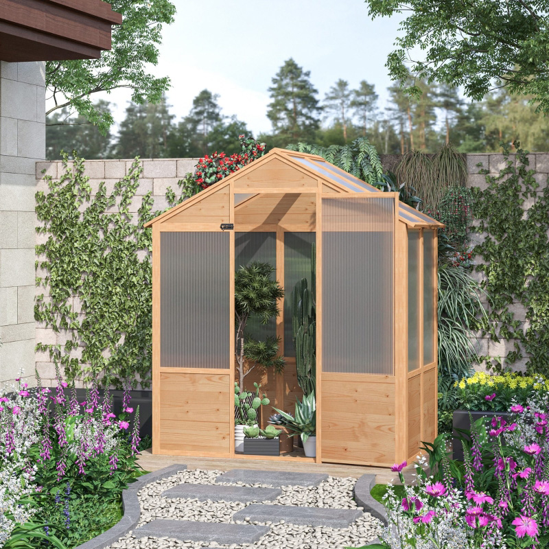 6 'x 4' x 7' Gewächshaus aus Holz, begehbares Gewächshaus, Outdoor-Gewächshaus aus Polycarbonat mit Tür, natur