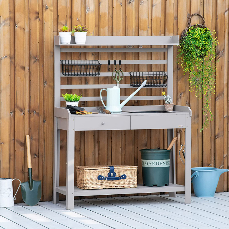 Potting Bench Table, Gartenarbeitsplatz mit Sieb, abnehmbarem Waschbecken und Körben
