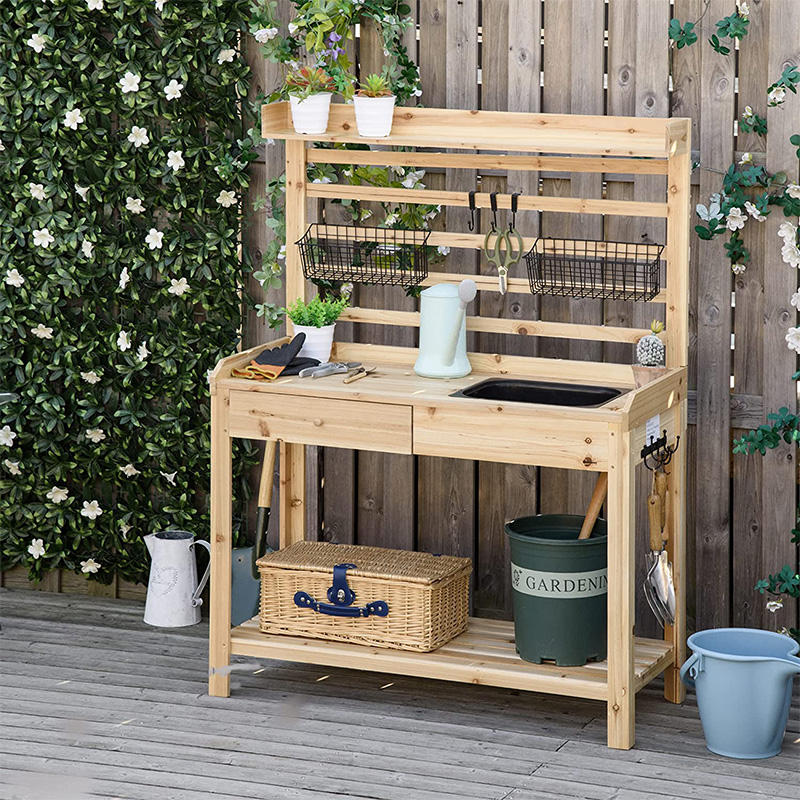 Potting Bench Table, Gartenarbeitsplatz mit Sieb, abnehmbarem Waschbecken und Körben