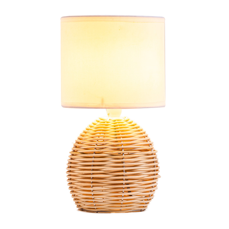 26,5' hohe, übergroße/Rattan-Tischlampe mit Stoffschirm in natürlichem Rattan/Messing/Weiß