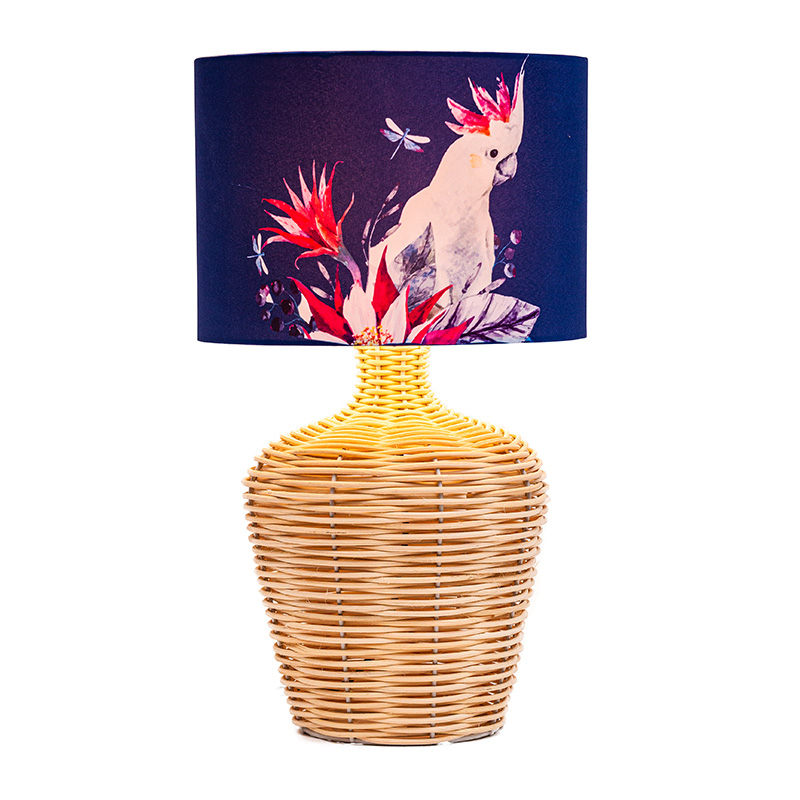 26,5' hohe, übergroße/Rattan-Tischlampe mit Stoffschirm in natürlichem Rattan/Messing/Weiß