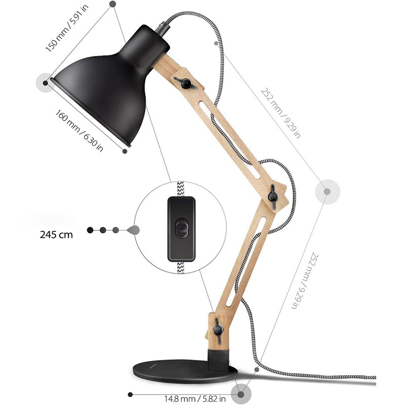 Schreibtischlampe aus Holz mit Schwingarm, Designer, Leselampen, Arbeitslampe, Arbeitslampe, Bürolampe, Nachttischlampe – Weiß dgsfwsdwr/Schwarz