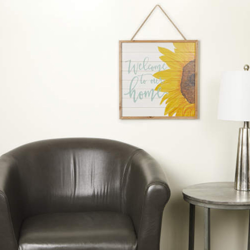 'Willkommen in unserem Zuhause' Wandschild aus Sonnenblumenholz zum Aufhängen