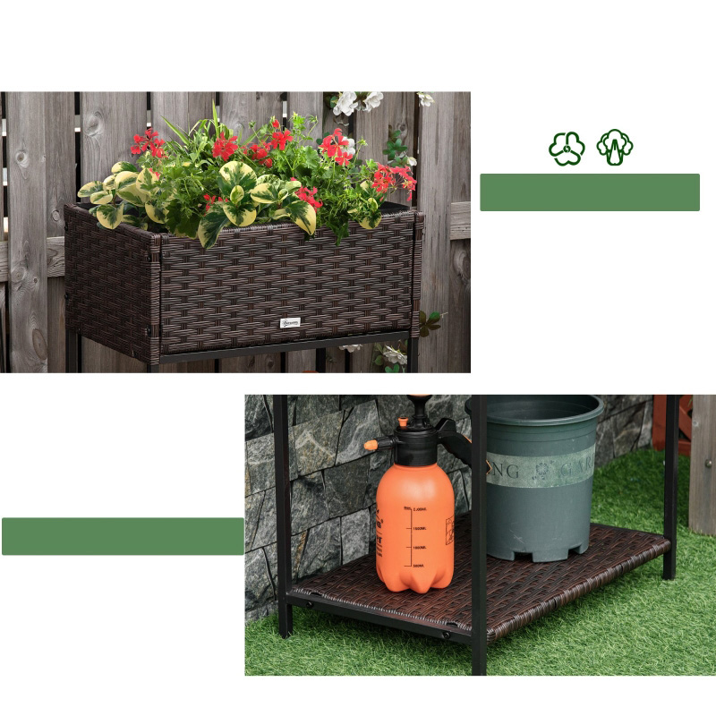 Pflanzkasten aus Rattan für den Innen- und Außenbereich mit darunterliegendem Werkzeugregal und stabilem, erhöhtem Arbeitsbereich, 71,1 cm H