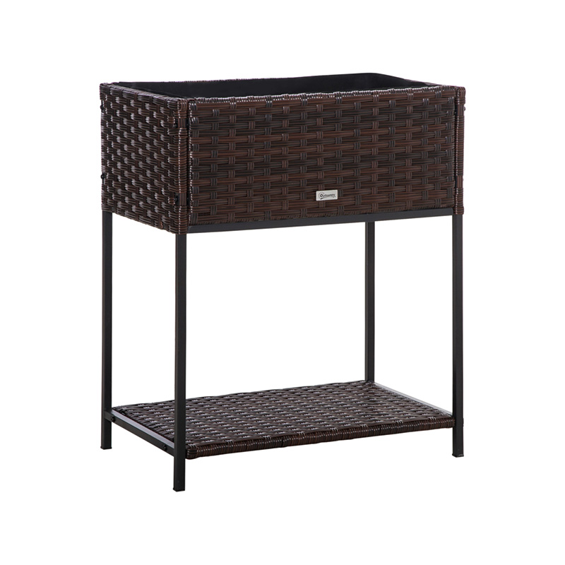 Pflanzkasten aus Rattan für den Innen- und Außenbereich mit darunterliegendem Werkzeugregal und stabilem, erhöhtem Arbeitsbereich, 71,1 cm H