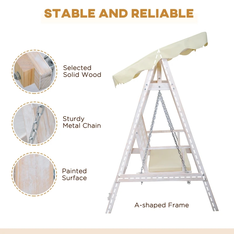 2-Personen-Außenschaukel Verandaschaukel mit Holzständer, starkem A-Rahmen-Design und verstellbarem Wasserkampf-Baldachin